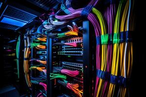 ai generado ideal cable administración en el servidor habitación. el resultado de el trabajo hecho por el sistema administrador con un grande número de de colores alambres foto