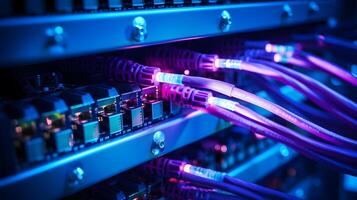 AI generated Close-up photo of patch panel with colored cords in server room. Technology concept