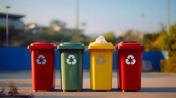 ai generado amarillo, verde y rojo basura latas con reciclaje símbolo. el concepto de naturaleza conservación y separar residuos colección foto