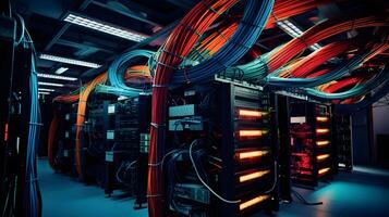 AI generated Server room with server racks and wires. Server uptime concept and cable management photo