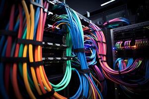 AI generated Server room with server racks and wires. Server uptime concept and cable management photo