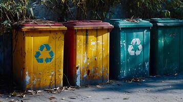 AI generated Yellow, green and red trash cans with recycling symbol. The concept of nature conservation and separate waste collection photo