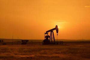 AI generated Photo of crude oil pumpjack rig at sunset. Concept art of oil production or issues of nature protection