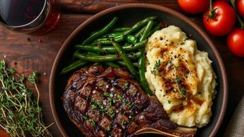 AI generated Homemade Culinary Art Close-Up of a Vegetarian Enjoying a Hearty Steak photo