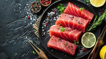 AI generated Savor the Freshness Close-Up of Raw Tuna Fillet Steak and Sashimi photo