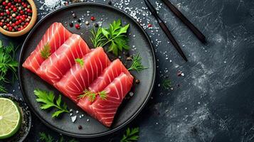 AI generated Savor the Freshness Close-Up of Raw Tuna Fillet Steak and Sashimi photo