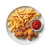 AI generated French fries, crunchy fried chicken and tomato sauce on transparent background, created with generative AI png