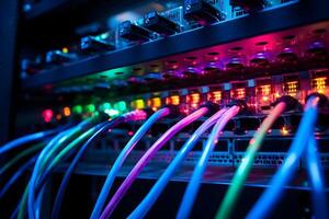 AI generated Close-up photo of patch panel with colored cords in server room. Technology concept