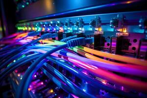 AI generated Close-up photo of patch panel with colored cords in server room. Technology concept