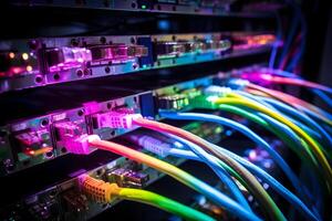 AI generated Close-up photo of patch panel with colored cords in server room. Technology concept