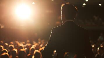 AI generated Business coach speaks on stage in front of people. Back view. Business training concept. photo