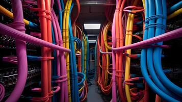 AI generated Server room with server racks and wires. Server uptime concept and cable management photo