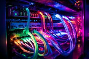 AI generated Close-up photo of patch panel with colored cords in server room. Technology concept