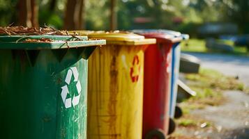 ai generado amarillo, verde y rojo basura latas con reciclaje símbolo. el concepto de naturaleza conservación y separar residuos colección foto