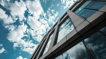 AI generated Low angle photo of glassed business center with sky view in the middle of day. Business photo concept