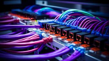 AI generated Close-up photo of patch panel with colored cords in server room. Technology concept