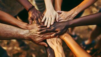 AI generated Photo of hands of diverse people unity. No racism and unity of different people concept