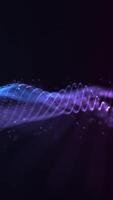 Vertical video - a gently undulating neon colored blue and pink digital fractal light wave with floating particles animation. This abstract technology concept motion background is HD and looping.