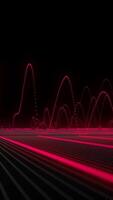 Vertical video - red neon particle sine waves oscillating up and down at high frequency towards the camera. This physics oscillation concept motion background is HD and looping.