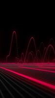 Vertical video - red neon particle sine waves oscillating up and down at high frequency towards the camera. This physics oscillation concept motion background is HD and looping.