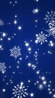 vertical vídeo - invierno copos de nieve, brillante estrellas y nieve partículas en un festivo oscuro azul antecedentes. esta invierno nieve, Navidad movimiento antecedentes animación es lleno hd y un sin costura bucle. video