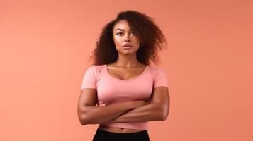 AI generated Confident black woman stands with crossed arms against soothing solid beige pink backdrop photo