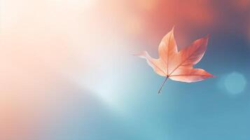 AI generated Single autumn leaf gently fall against vivid colorful minimalistic backdrop, copy space photo