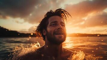 ai generado cerca arriba de atractivo hombre nadando en mar a dorado calentar resplandor de puesta de sol rodeado por mar rociar foto