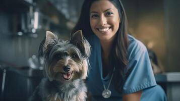 ai generado joven veterinario niña Comparte alegre momento con juguetón perro en clínica simboliza importancia de mascota chequeos foto