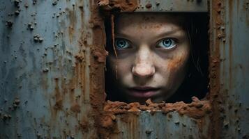 AI generated Young woman exasperated gaze from small hole in wall, filled with fear and despair in her eyes photo