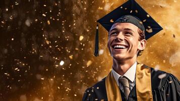 AI generated Happy young man wearing graduation cap and gown, smiling young guy beams with happiness photo