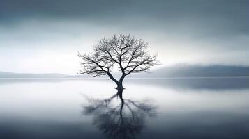 AI generated Lonely tree in midst of bleak lake creates melancholic atmosphere evoking sense of isolation photo