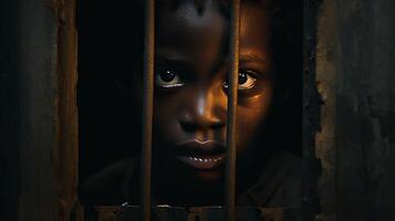 AI generated Young black boy confined behind bars with dirty scratched face gazes with hope photo