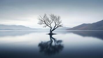 AI generated Lonely tree in midst of bleak lake creates melancholic atmosphere evoking sense of isolation photo