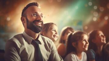 ai generado hermoso sonriente hombre profesor en niños clase irradia positividad foto