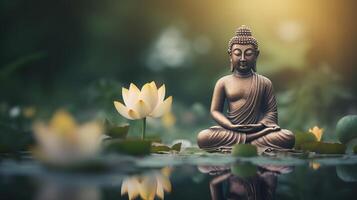 AI generated Meditative Buddha statue surrounded by blooming lotuses in calm waters of pond photo