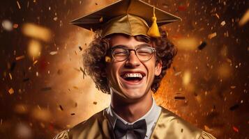 AI generated Happy young man wearing graduation cap and gown, smiling young guy beams with happiness photo