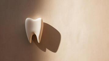 AI generated Human tooth against stone beige background with shadow cast by strong light photo