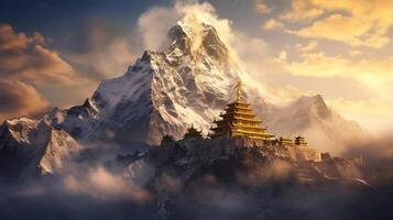 AI generated Majestic buddhist temple nestled in misty mountain surroundings at dawn exudes serenity photo