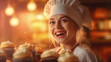 AI generated Cheerful female baker portrait proudly displaying her scrumptious cakes, sunlight background photo