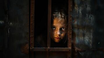 AI generated Little girl confined behind bars with dirty scratched face gazes with hope photo