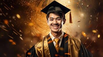 AI generated Happy asian young guy wearing graduation cap and gown, smiling guy beams with happiness photo