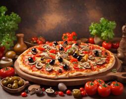 AI generated pizza chicken tomato bell pepper olives mushroom with nice background photo
