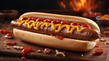 AI generated grilled beef hot dog with ketchup snack photo