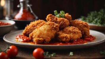 AI generated crispy fried chicken on a plate with tomato sauce photo