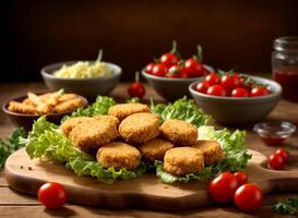 AI generated chicken nuggets lettuce cherry tomatoes on wood board on a table photo