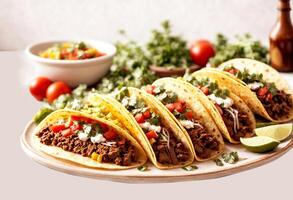 traditional Mexican tacos with meat and vegetables on white background photo