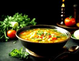 AI generated vegetable soup isolated on a black background photo