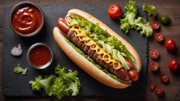 AI generated grilled beef hot dog, ketchup snack with lettuce top view photo