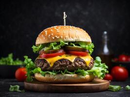 ai generado sabroso hamburguesa con queso con carne Tomates y verde ensalada en oscuro antecedentes foto